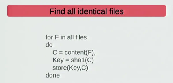 Slide showing Part 1 implementation: Calculate SHA1 of all files and remove files with duplicate SHA1 signatures